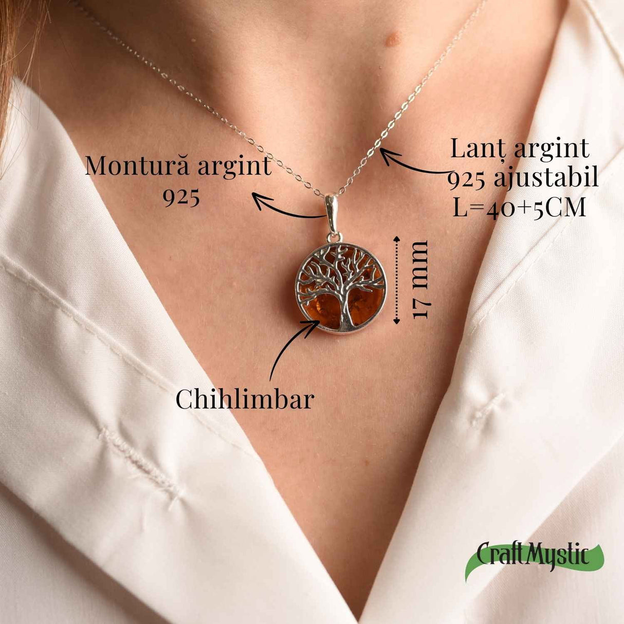 Colier argint 925 cu chihlimbar natural - copacul vietii rotund