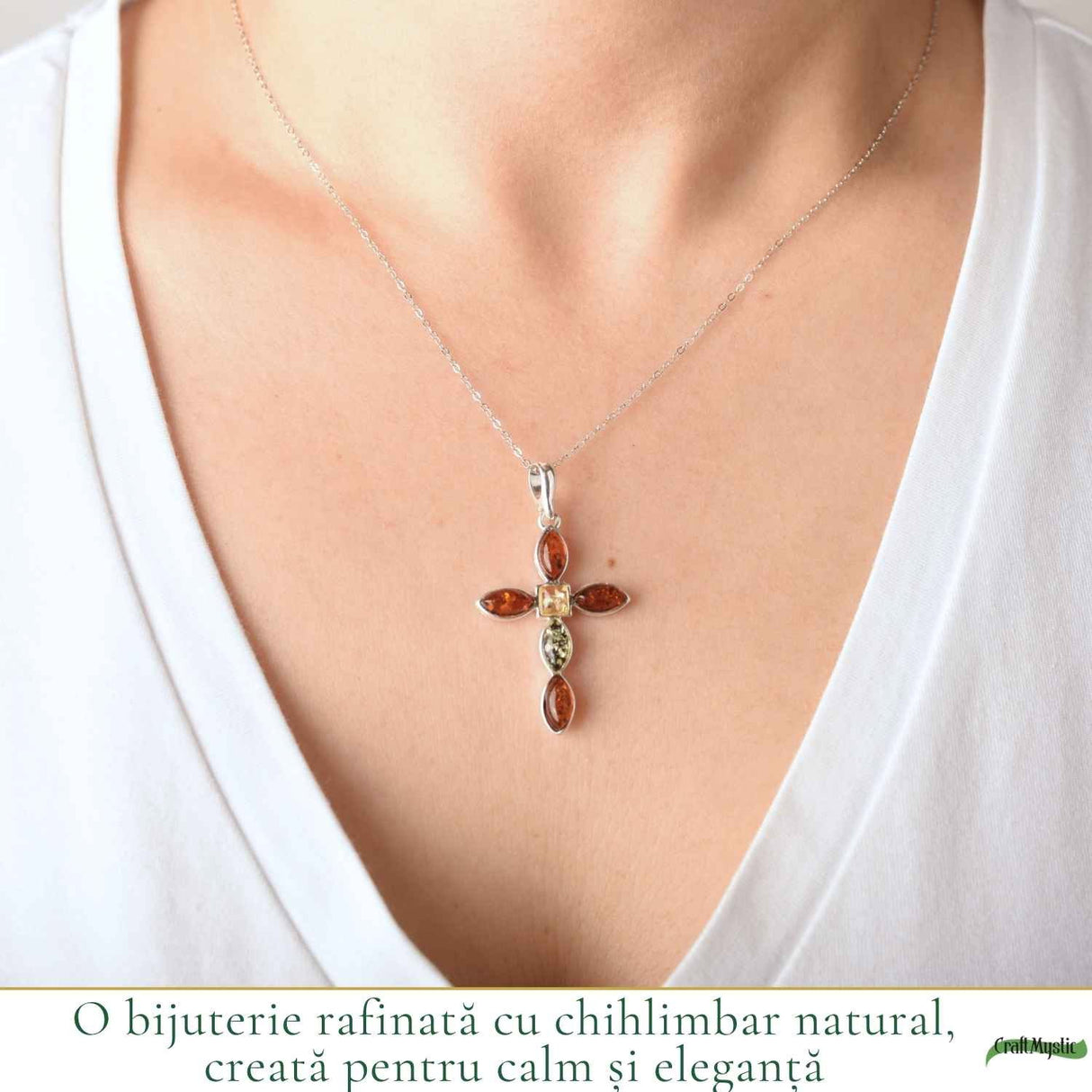 Colier Argint 925 cu Chihlimbar Cruce – Protectie si Energie Luminoasa