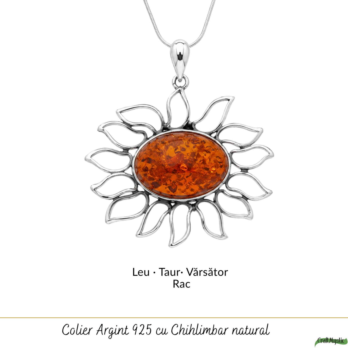 Colier Argint 925 Floare cu Chihlimbar – Energie Pozitiva si Protectie