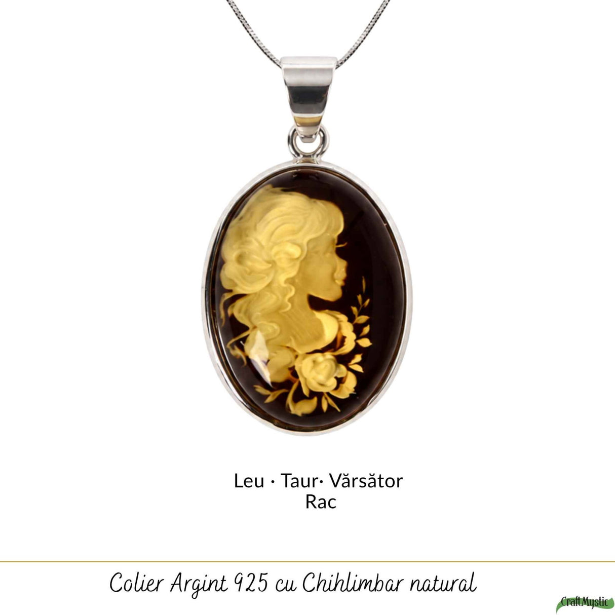 Colier Argint 925 cu Chihlimbar Verde Camee Feminina – Eleganta si Feminitate