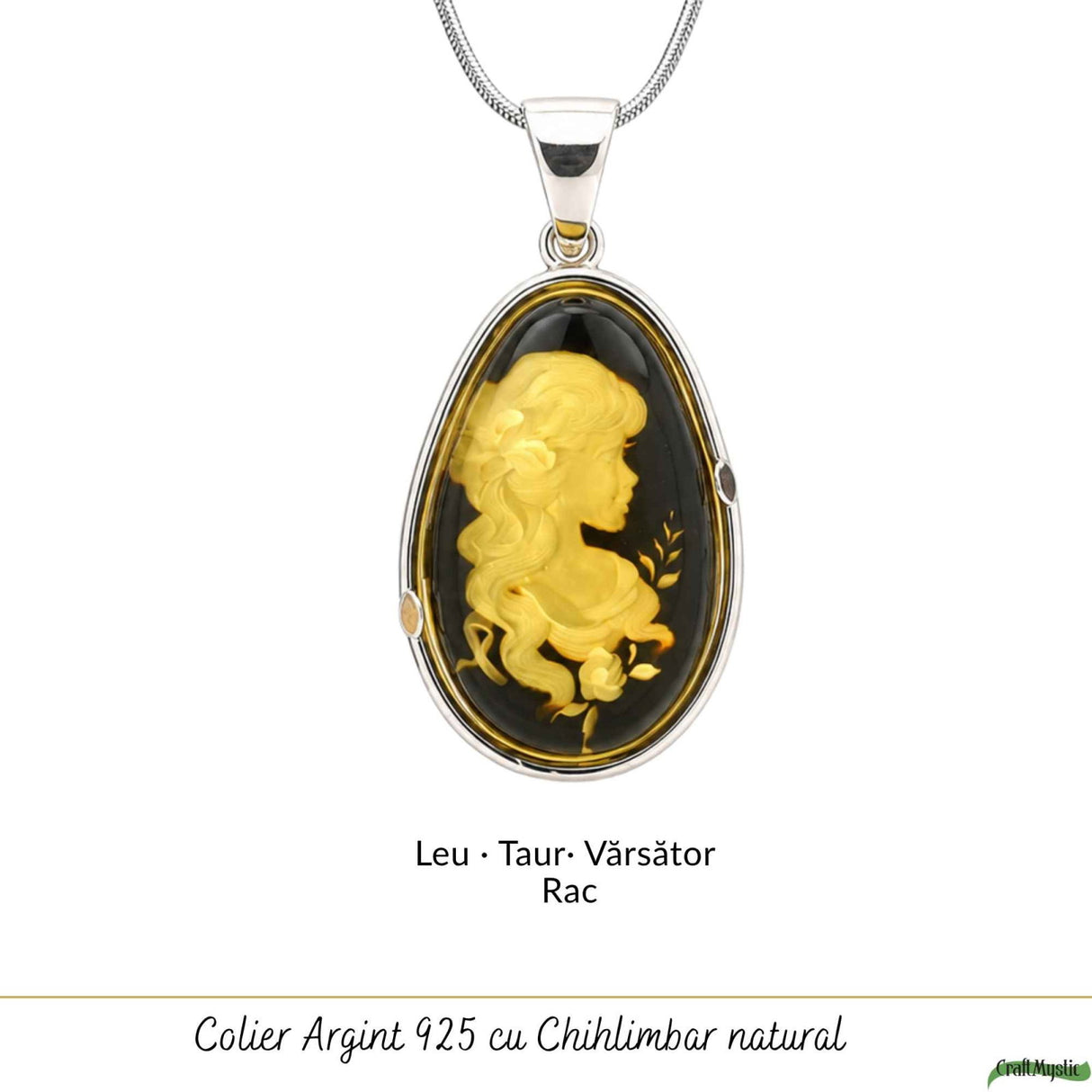 Colier Argint 925 cu Chihlimbar Verde Lacrima Camee Feminina – Elegantta si Rafinat