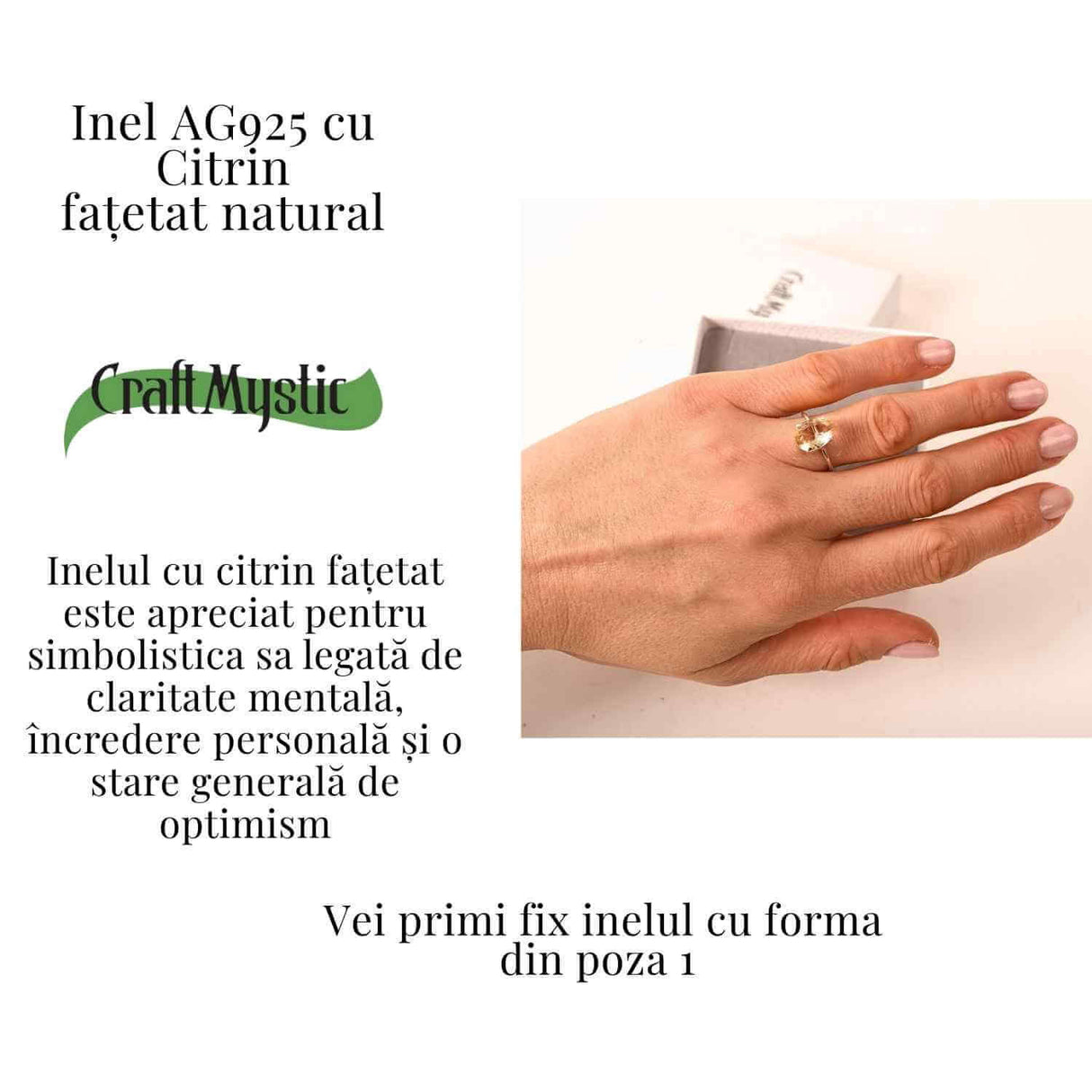 Inel reglabil din argint 925 cu citrin fatetat, simbol al claritatii si optimismului interior