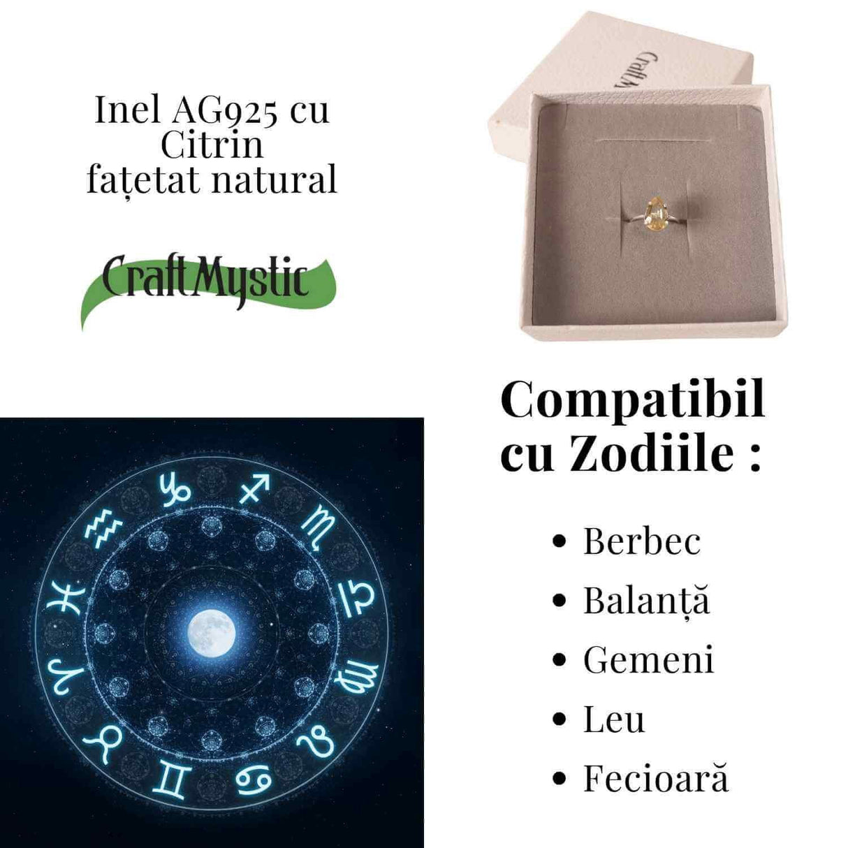 Inel reglabil din argint 925 cu citrin fatetat, simbol al claritatii si optimismului interior