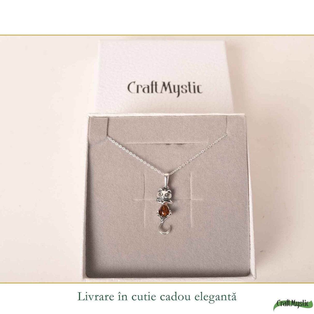 Colier Argint 925 Pisica cu Chihlimbar Natural - Protectie si Energie Calda