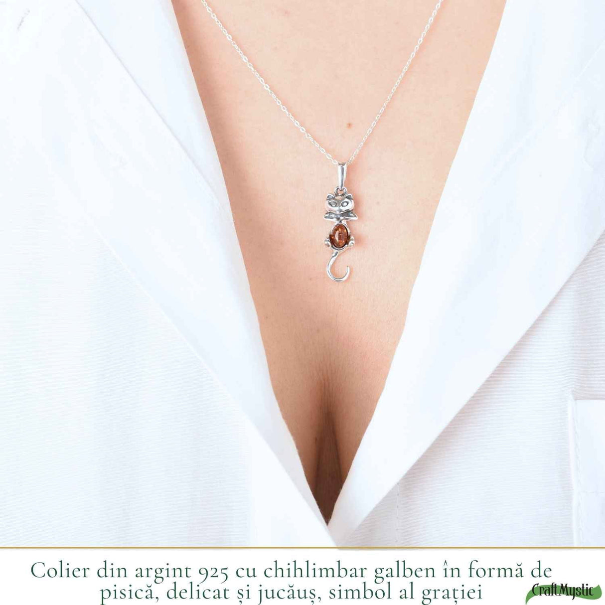 Colier Argint 925 Pisica cu Chihlimbar Natural - Protectie si Energie Calda