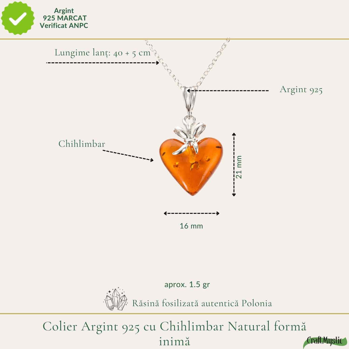 Colier argint 925 cu inima si chihlimbar natural - Energie solara si iubire