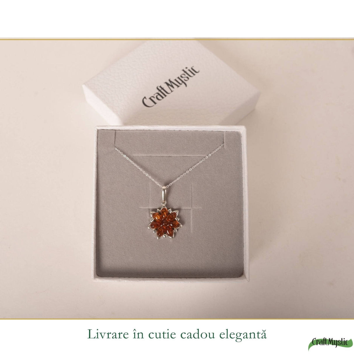 Colier argint 925 cu floare si chihlimbar natural - Energie solara si feminitate