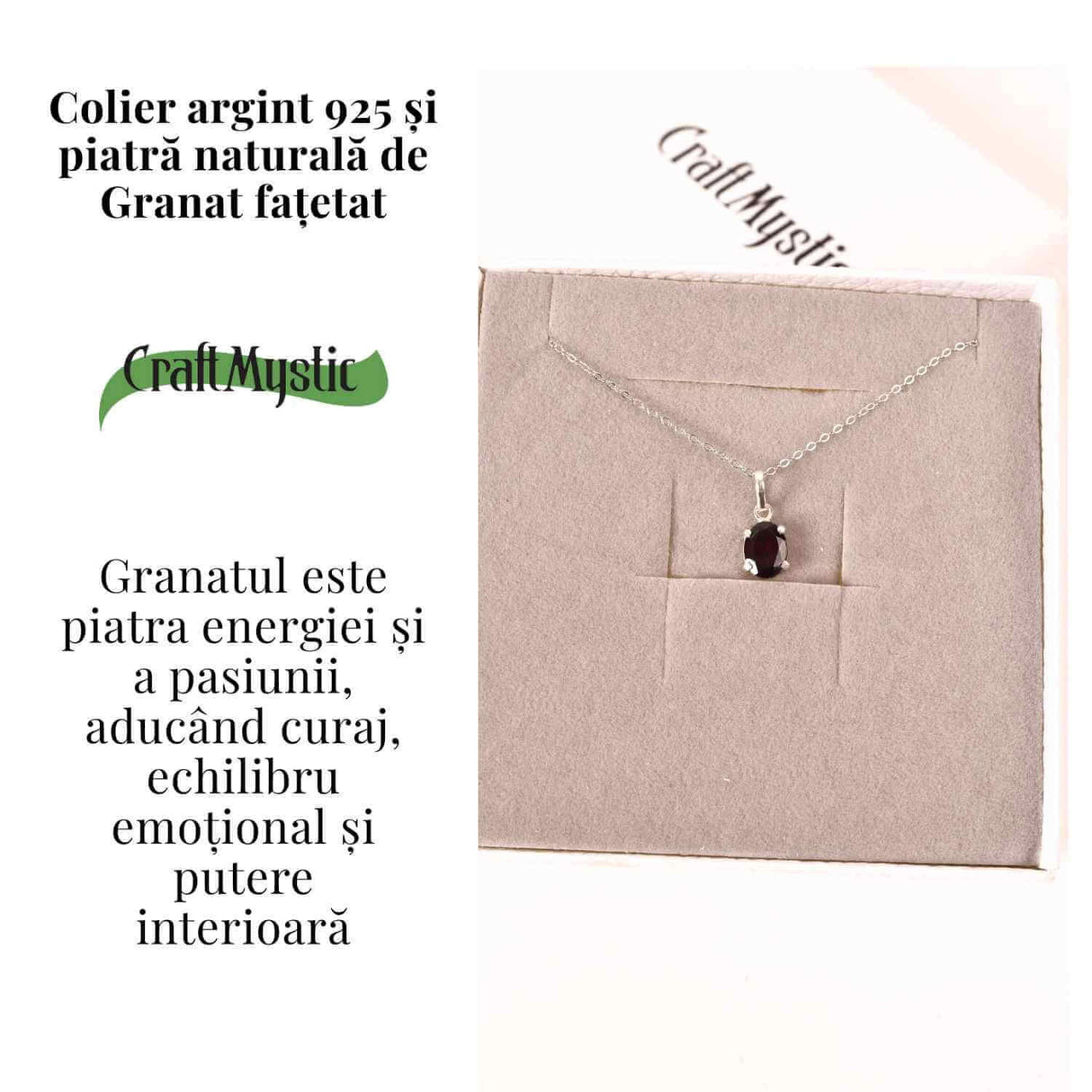 Colier Argint 925 cu Granat Oval fatetat- Pasiune, Curaj si Energie Interioara