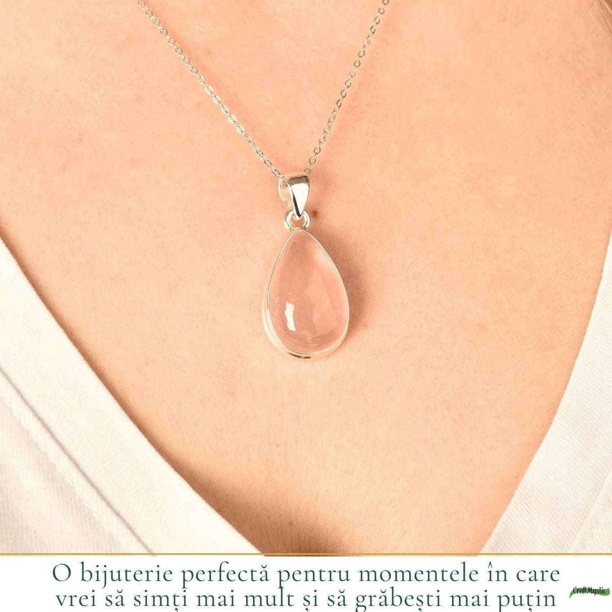 Colier argint 925 cu Cuart Roz lacrima – iubire de sine si echilibru emotional