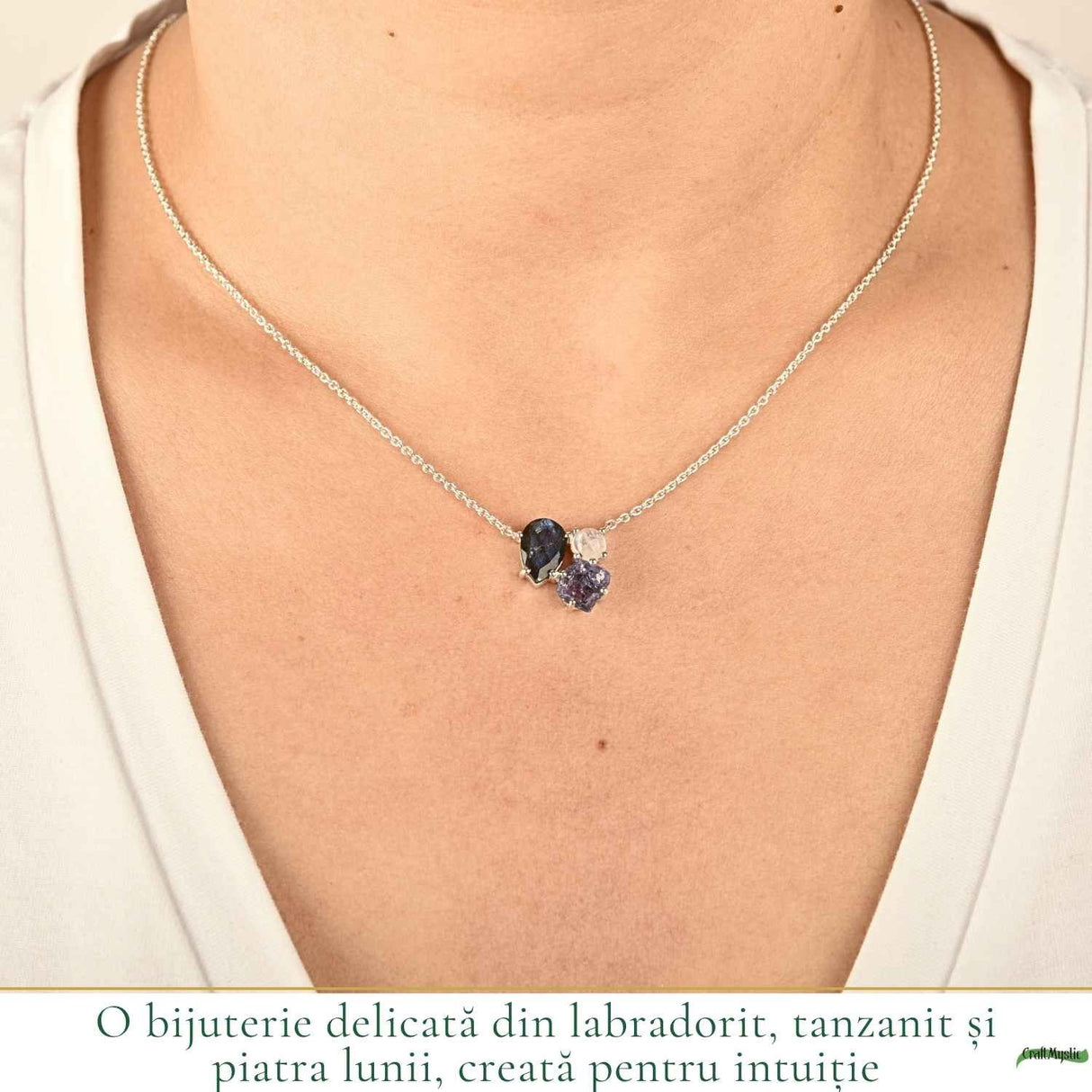Colier Argint 925 cu Labradorit, Tanzanit Si Piatra Lunii – Intuitie si Echilibru
