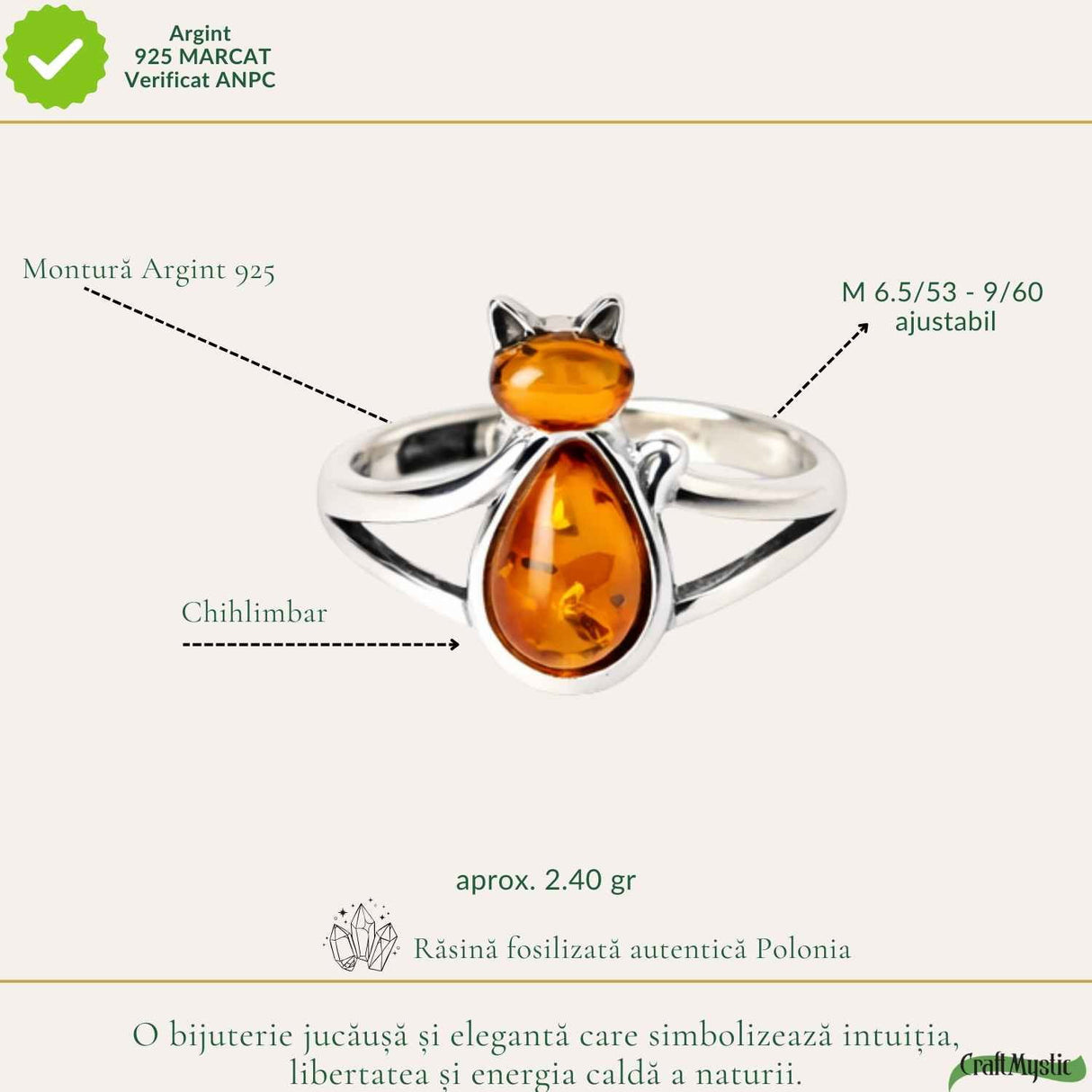 Inel Argint 925 Pisica cu Chihlimbar Natural - Intuitie, Energie Calda si Farmec