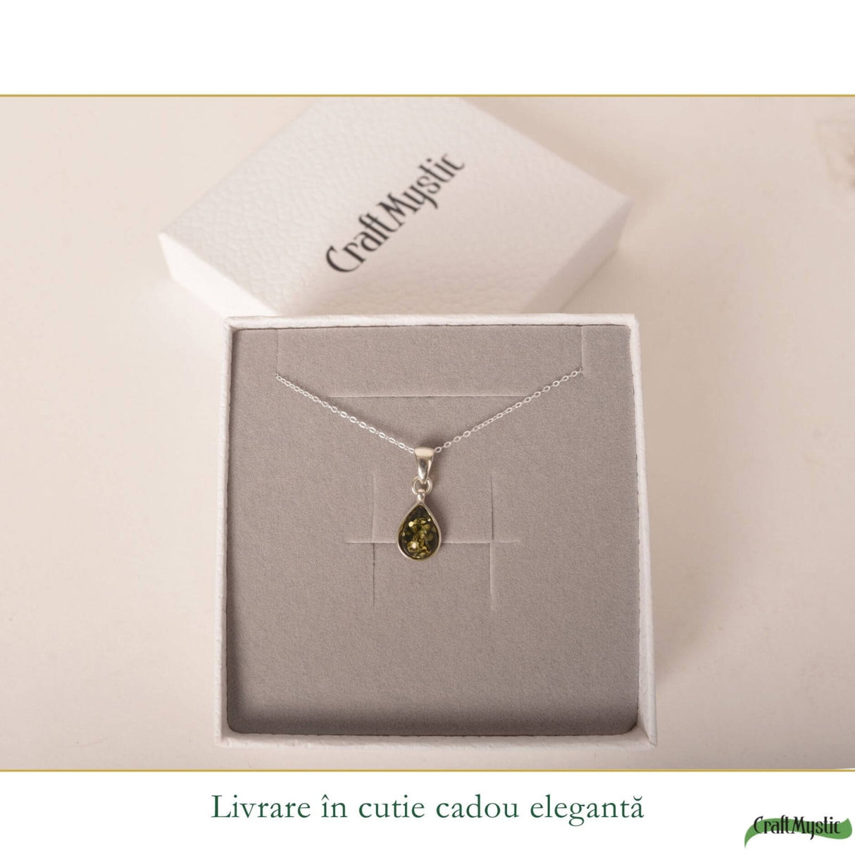 Colier argint 925 cu lacrima si chihlimbar verde - Energie solara si vitalitate