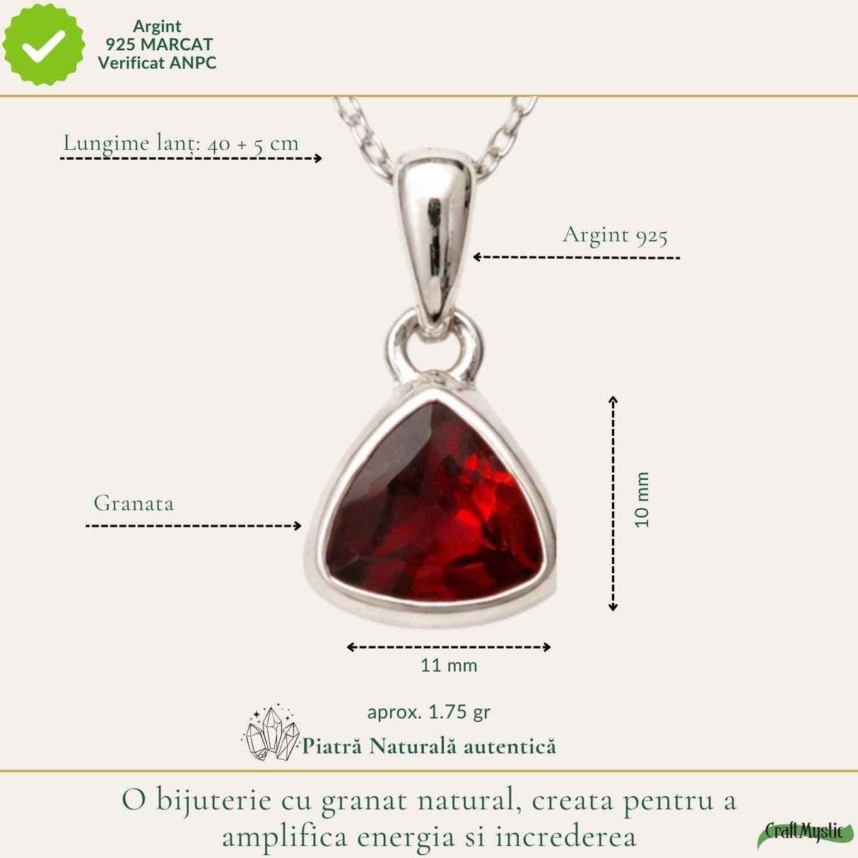 Colier Argint 925 cu Granat Triunghi – Putere si Echilibru Interior