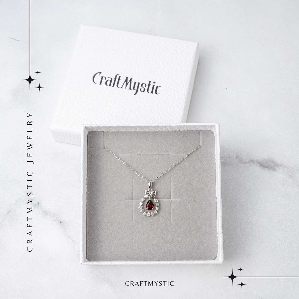 Colier Argint 925 cu Granat Natural si Zirconiu - Pandantiv Ghirlanda cu Fundita, Simbol al Energiei si Protectiei