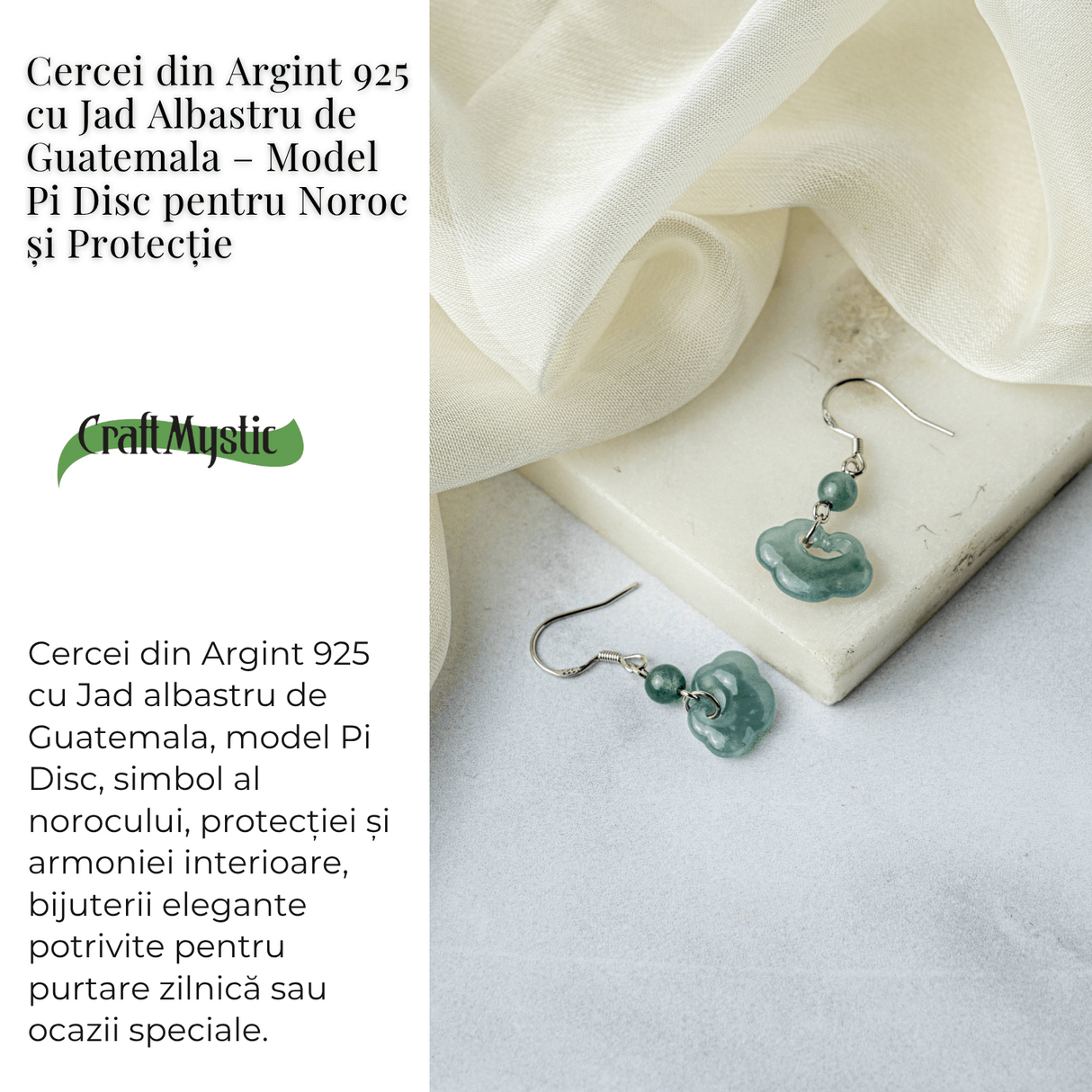 Cercei Argint 925 cu Jad Albastru Guatemala - Model Nor Pi Disc pentru Noroc si Protectie