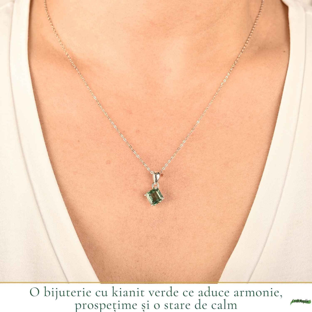 Colier Argint 925 cu Kianit Verde Fatetat Patrat – Echilibru si Claritate