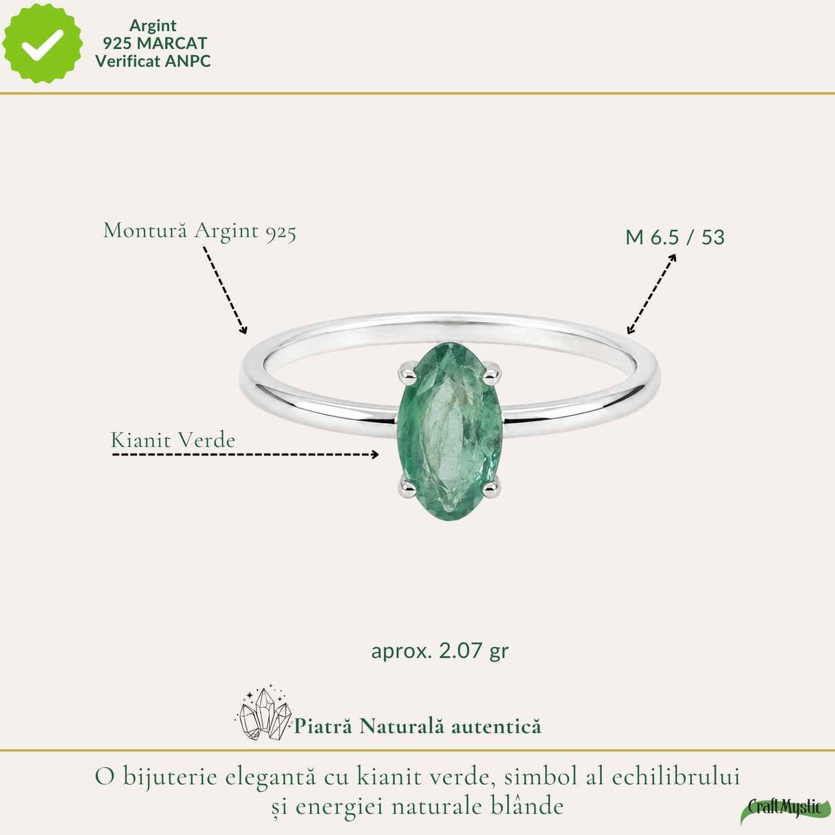 Inel Argint 925 cu Kianit Verde Fatetat – Echilibru si Eleganta Delicata