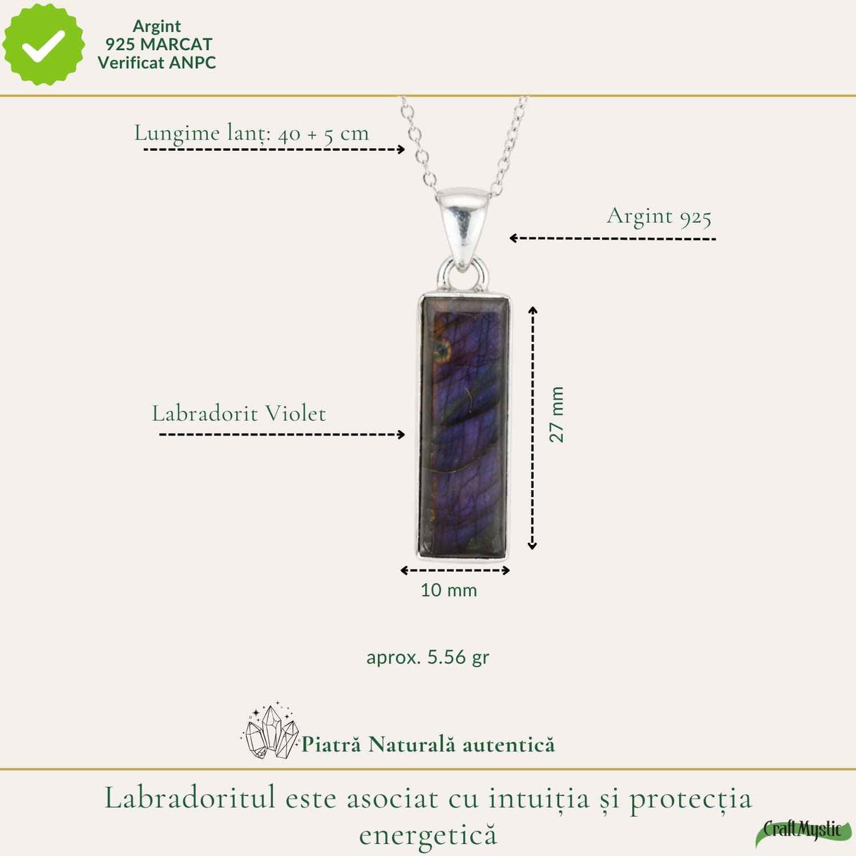 Colier Argint 925 cu Labradorit Violet Dreptunghi – Claritate si Protectie