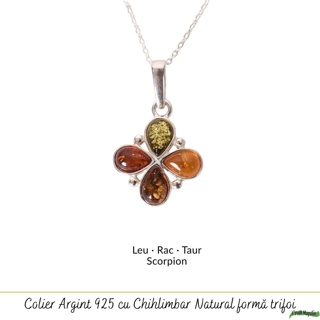 Colier argint 925 cu trifoi si chihlimbar natural - Energie solara si noroc