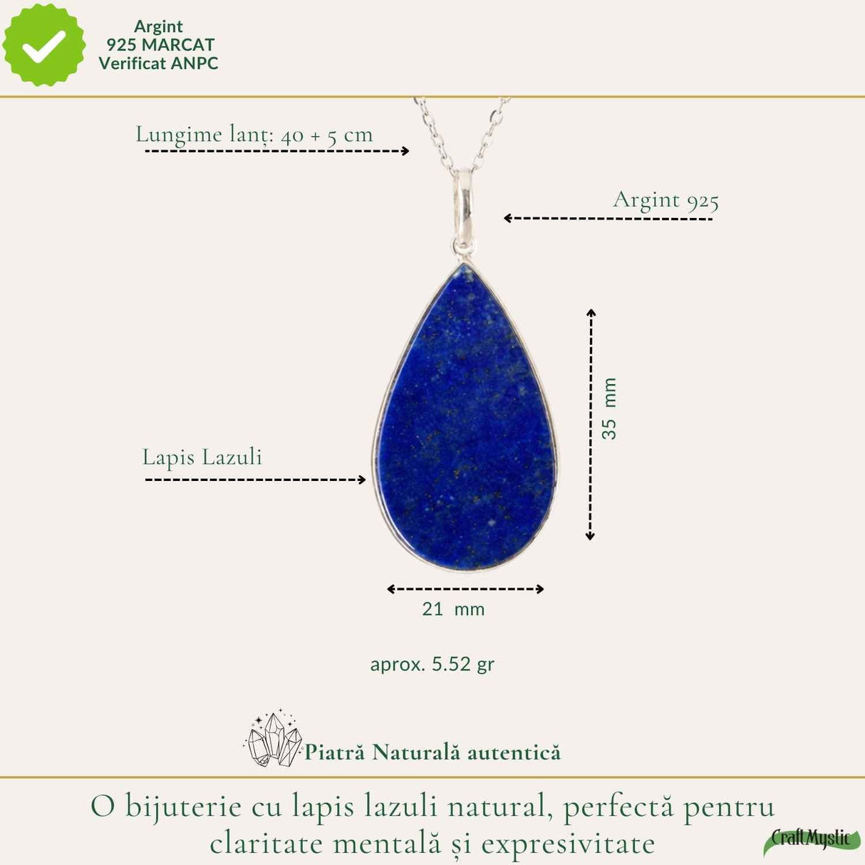 Colier argint 925 cu Lapis Lazuli lacrima – Claritate mentala si echilibru interior