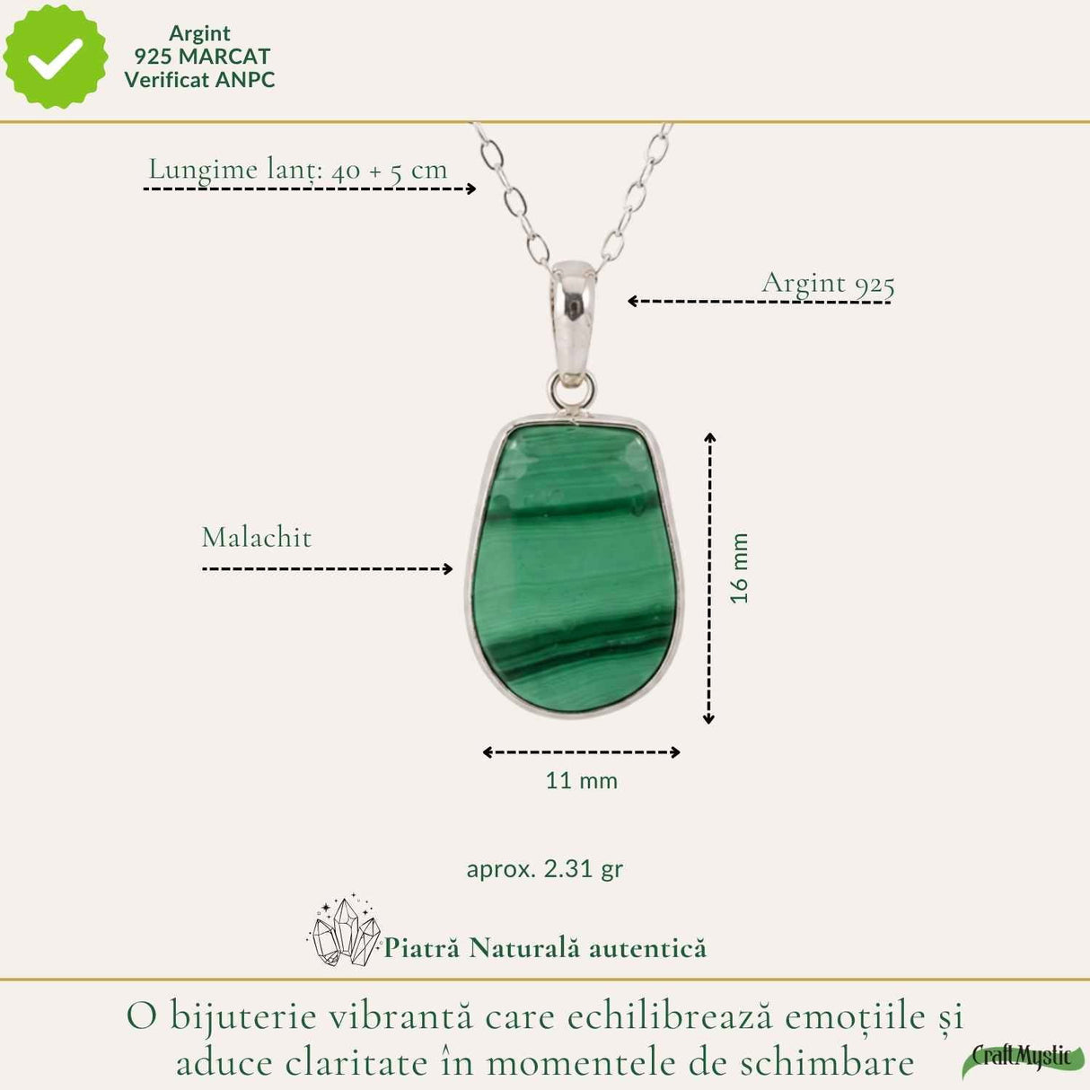 Colier Argint 925 cu Malachit Neuniform – Protectie si Transformare Autentica