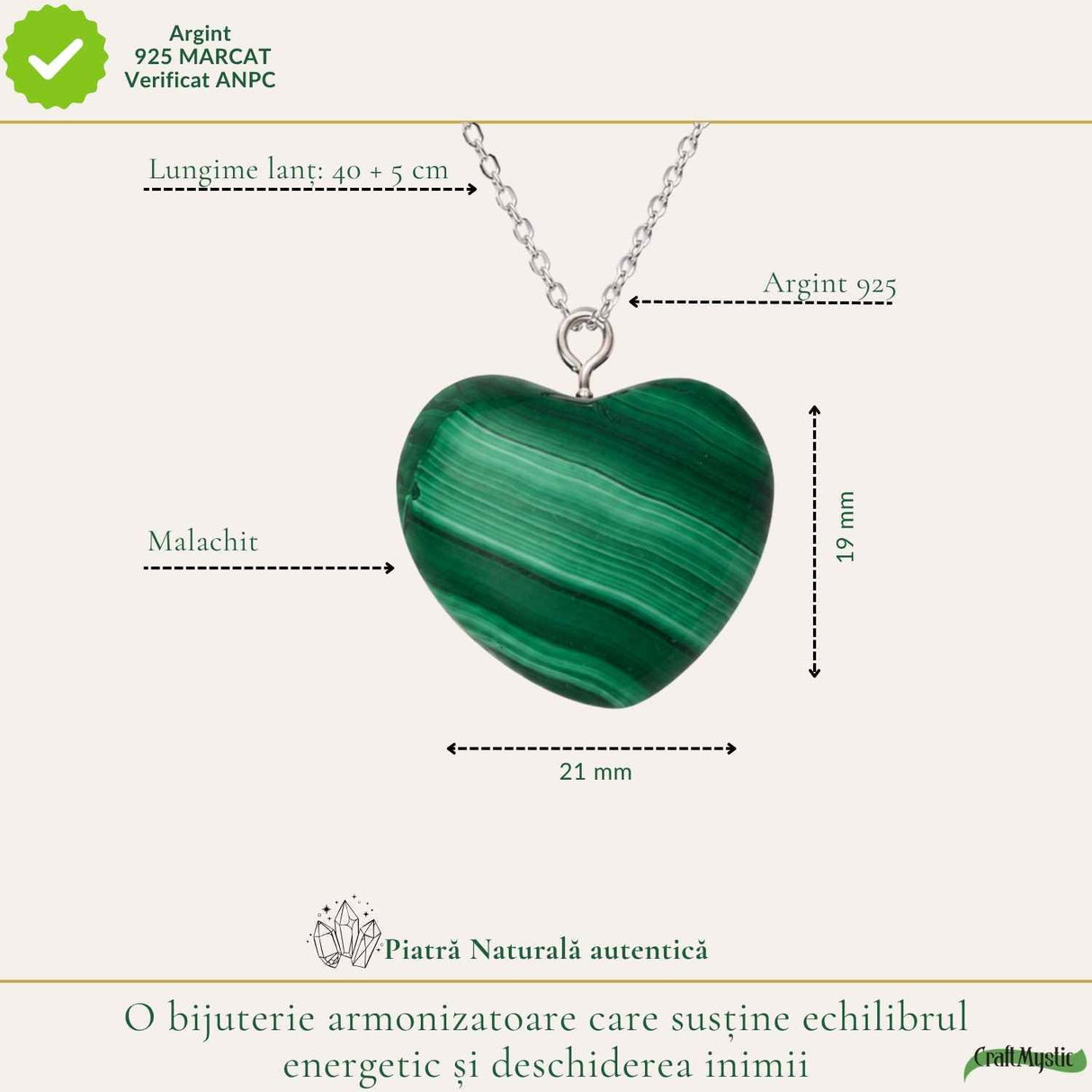 Colier cu Malachit Natural in Forma de Inima si lant argint 925 – Transformare si Echilibru Emotional