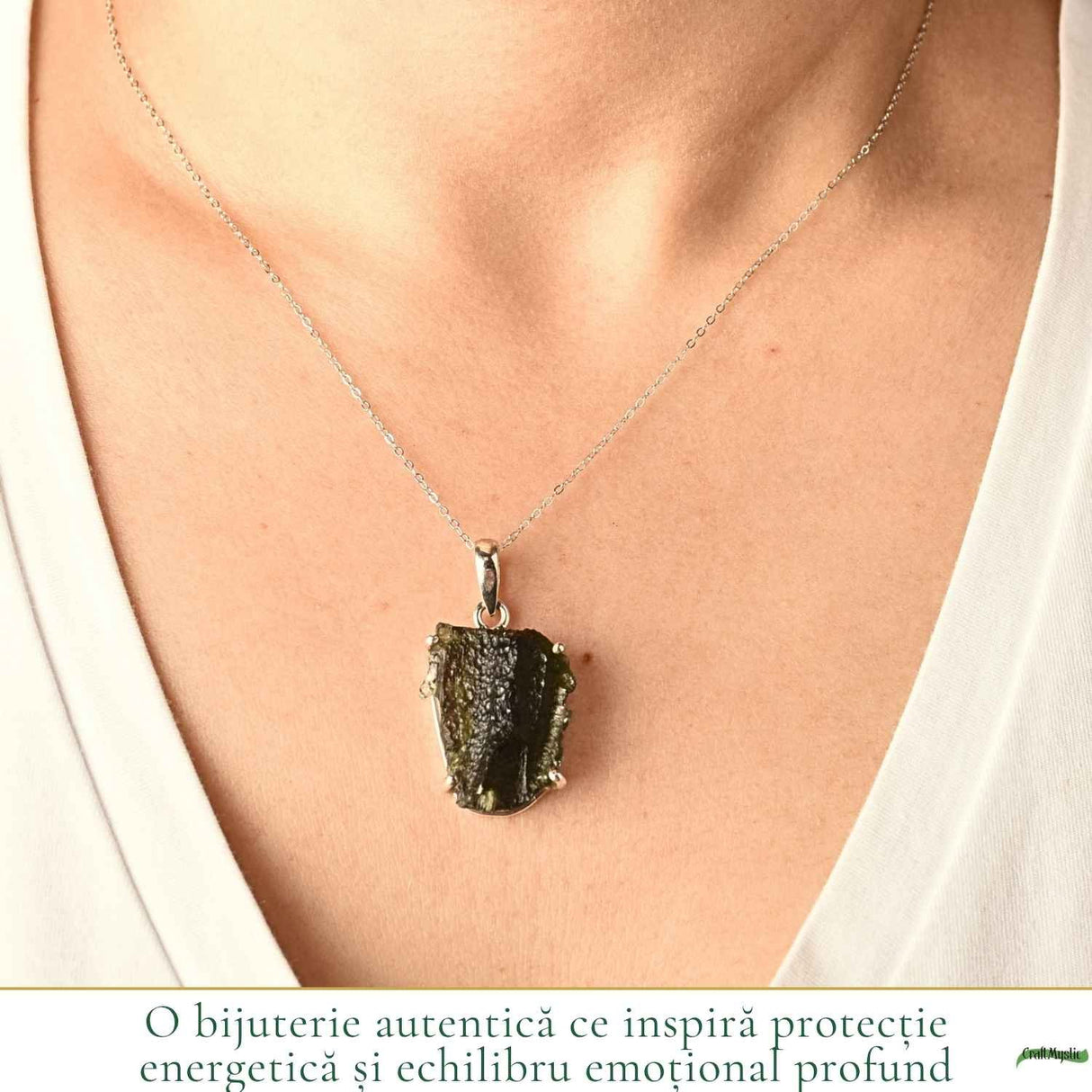 Colier Argint 925 cu Moldavit Brut Natural – Protectie si Energie Spirituala