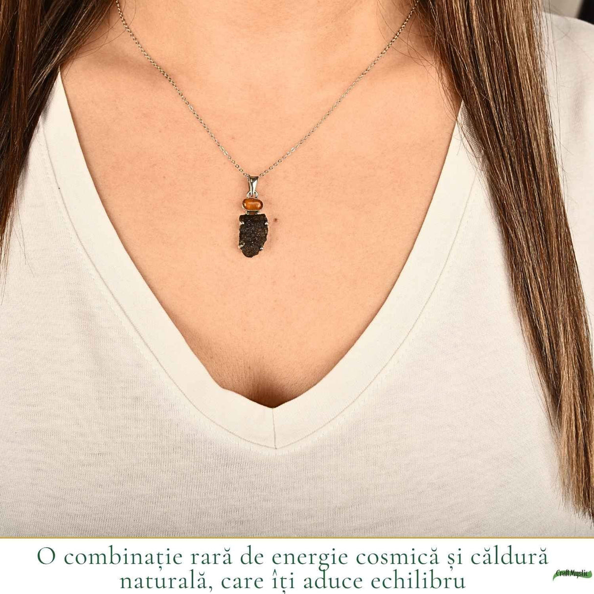 Colier argint 925 cu Moldavit si Chihlimbar Natural – Echilibru si Claritate Interioara
