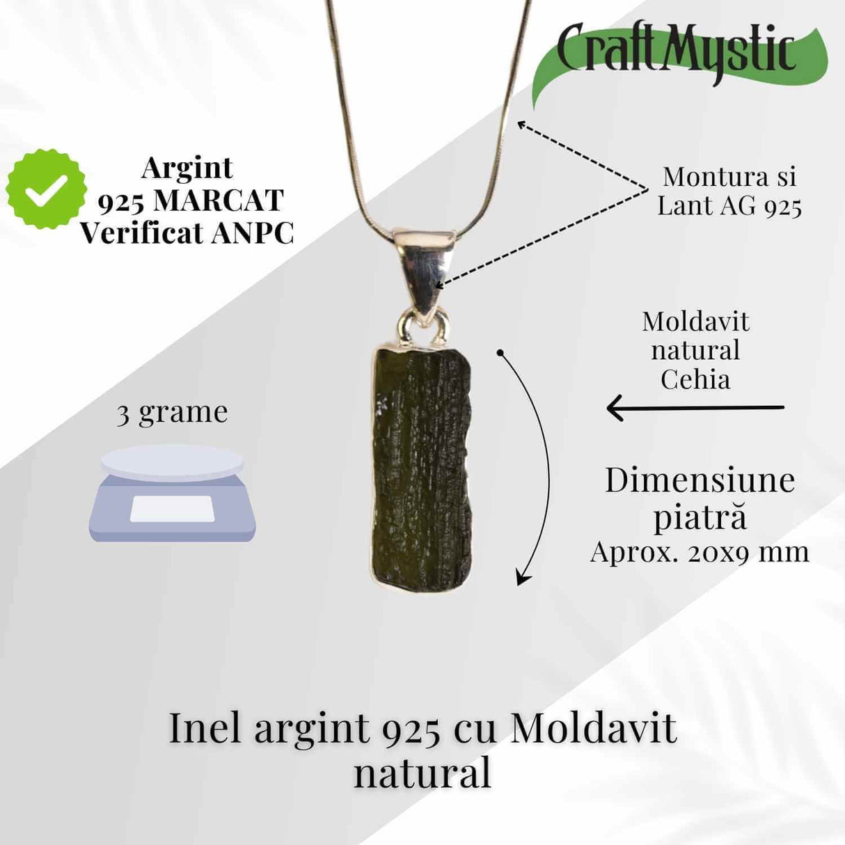 Colier Argint 925 cu Moldavit natural brut 3 gr - talisman de transformare