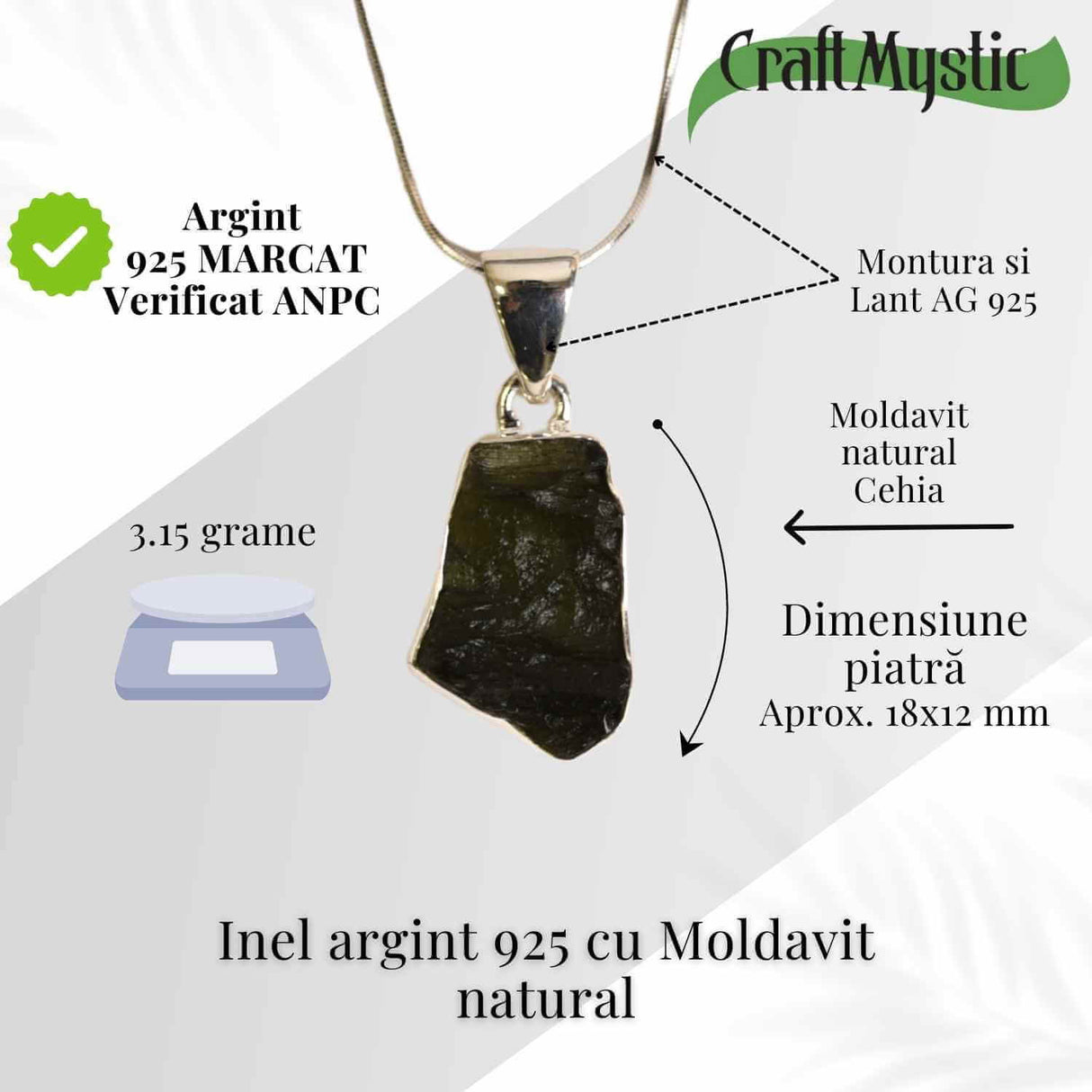 Colier Argint 925 cu Moldavit natural brut 3.15 g - energie cosmica si protectie