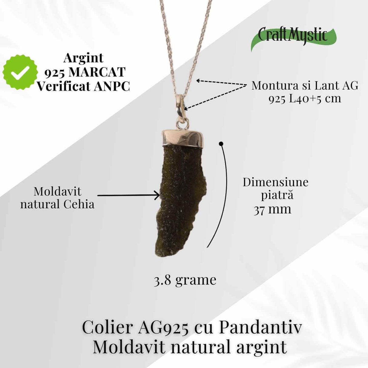 Colier Argint 925 cu Moldavit natural brut 3.8 g - laritate Interioara si Transformare Blanda