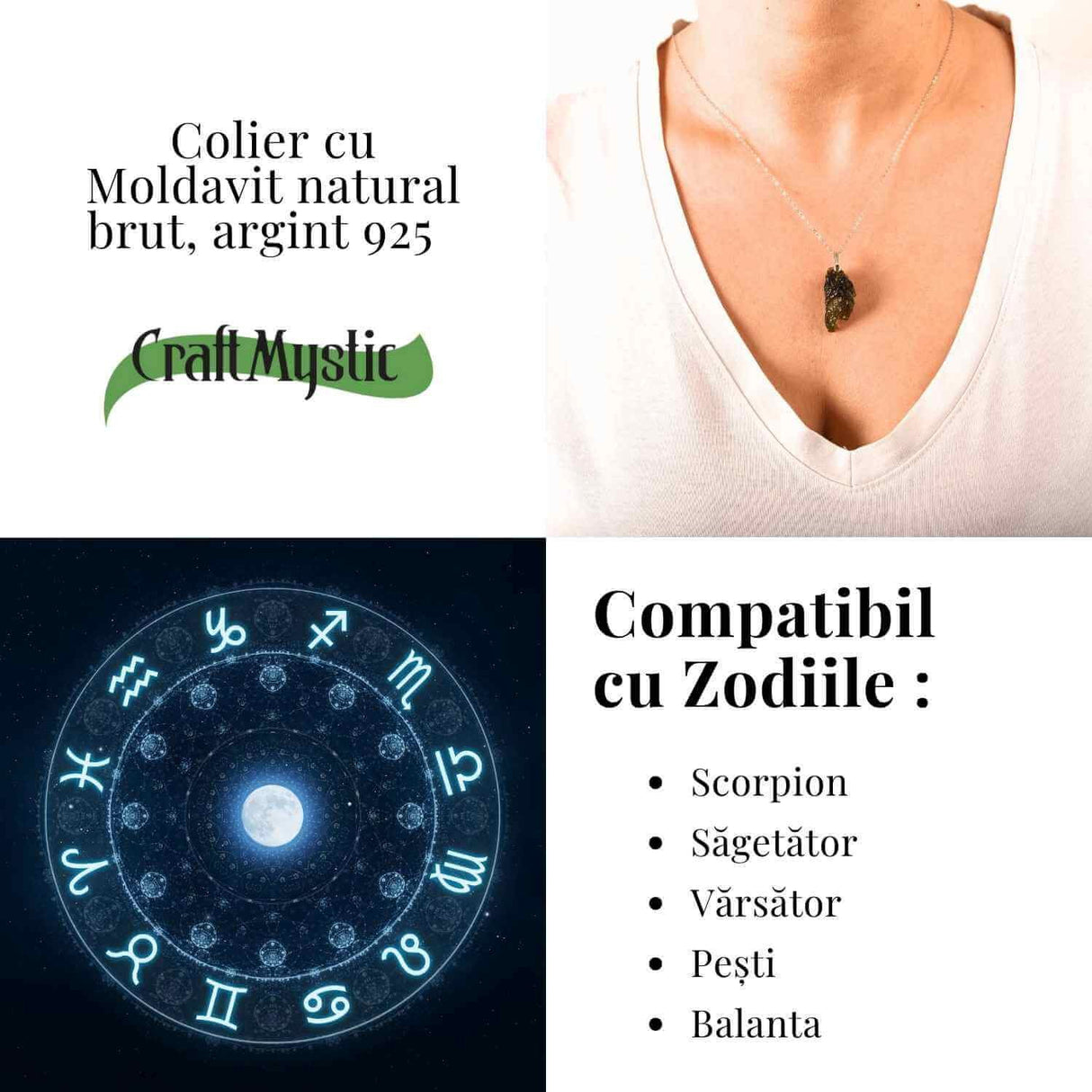 Colier Argint 925 cu Moldavit natural brut 2.8 g - simbol al schimbarii asumate si al echilibrului