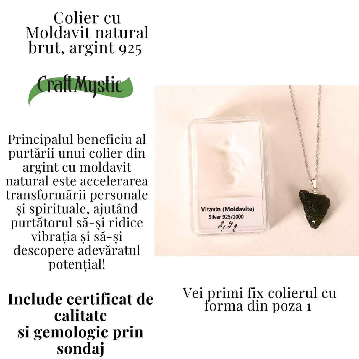 Colier Argint 925 cu Moldavit natural brut 2.7 g - claritate emotionala si conectare cu intentiile tale