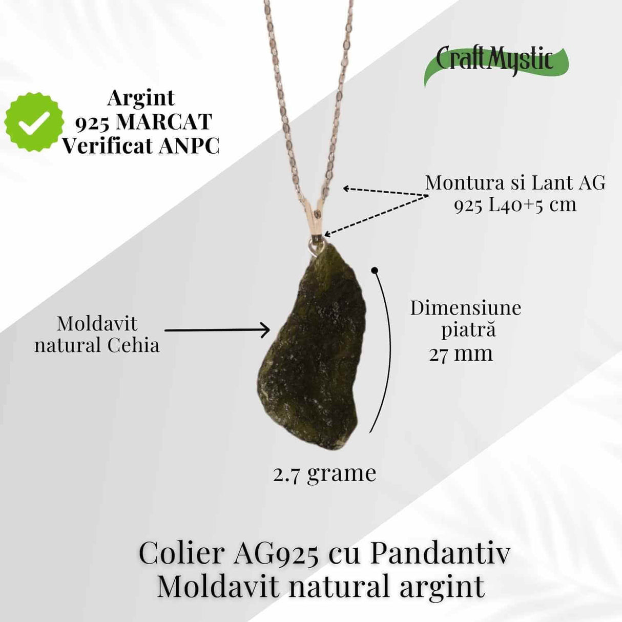 Colier Argint 925 cu Moldavit natural brut 2.7 g - un obiect cu sens pentru claritate si autoobservare