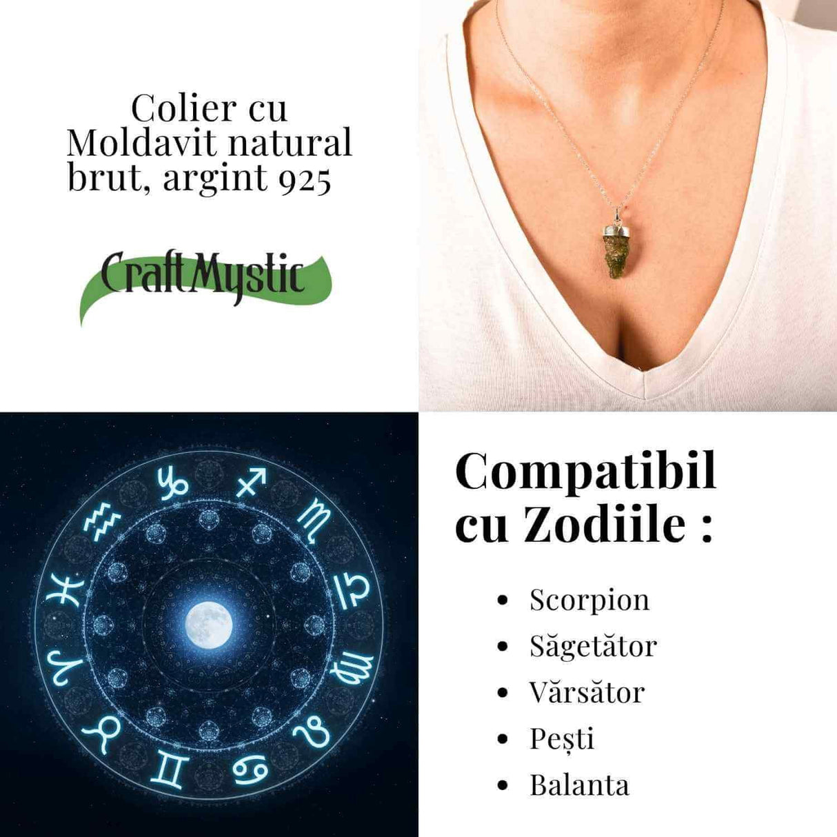 Colier Argint 925 cu Moldavit natural brut 3.3 g - Sustinere Simbolica pentru Introspectie si Sens