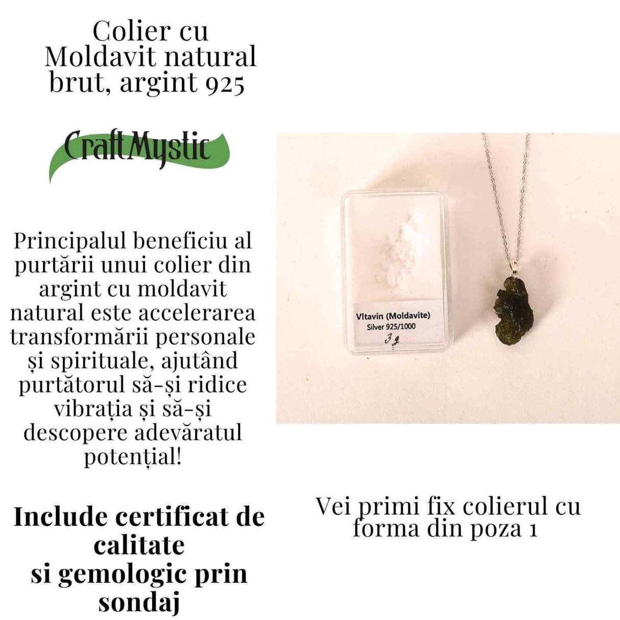 Colier Argint 925 cu Moldavit natural brut 3.0 g - sprijin discret pentru reflectie si calm