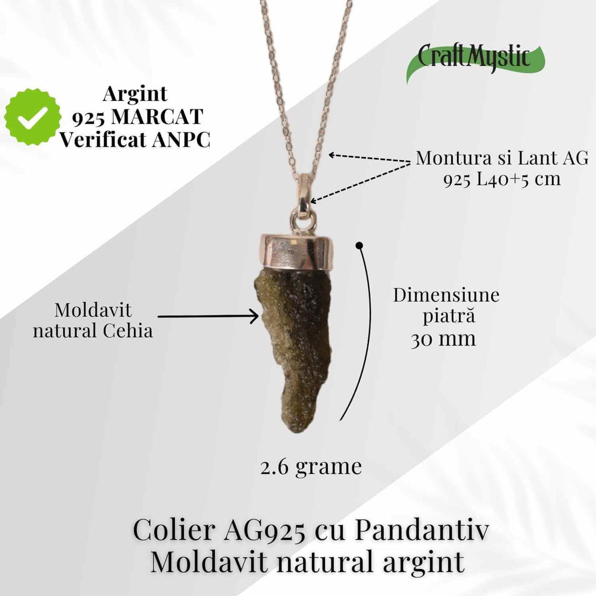 Colier Argint 925 cu Moldavit natural brut 2.6 g - Simbol al Schimbarii Conetiente si Echilibrului Emotional