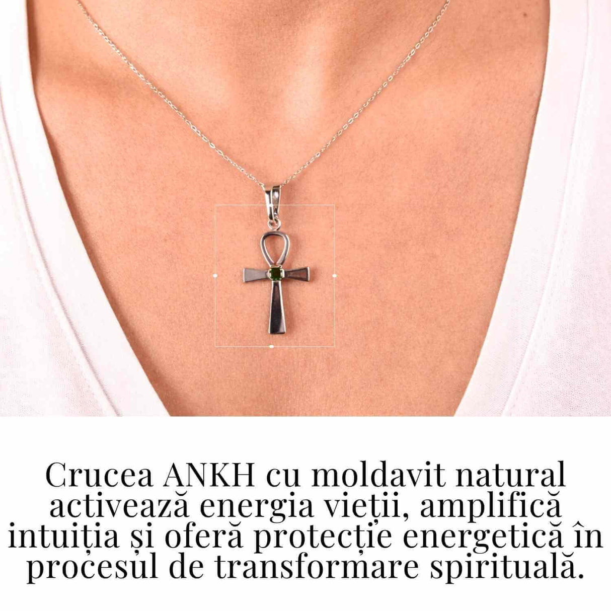 Colier Argint 925 Crucea ANKH cu Moldavit natural fatetat - simbol al vietii si transformarii