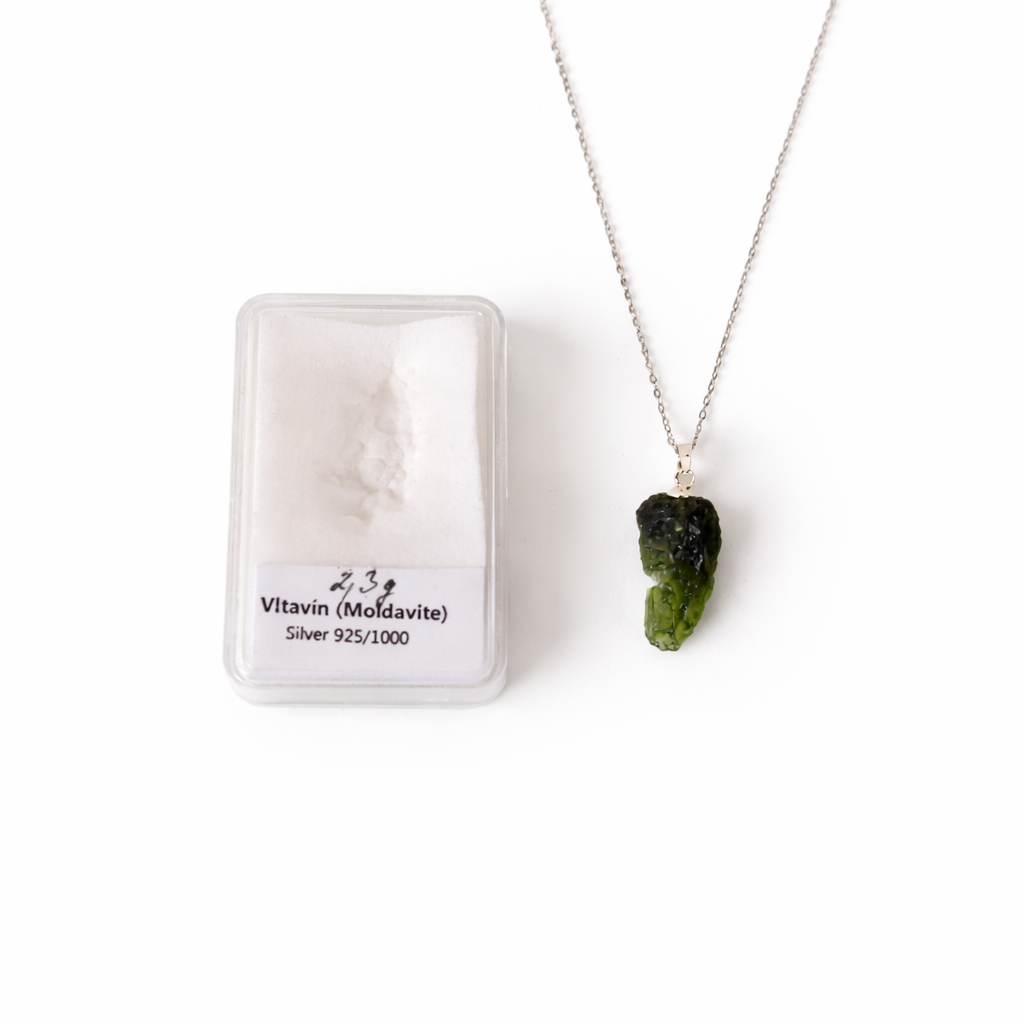 Colier Argint 925 cu Moldavit natural brut 2.3 g - talisman de transformare profunda