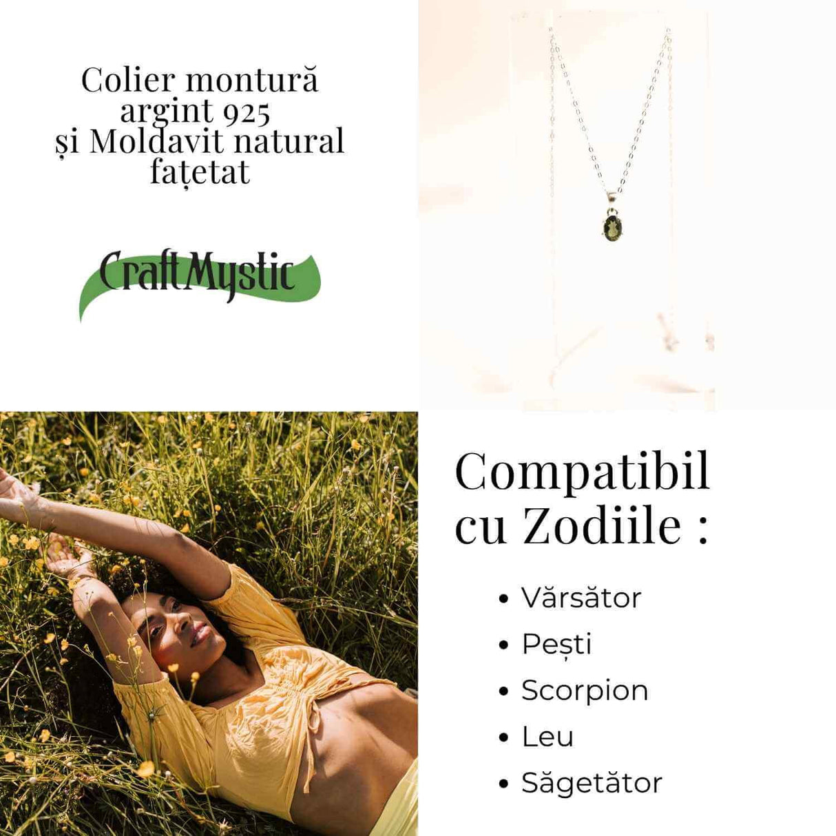 Colier argint 925 cu Moldavit natural fatetat Oval - Activare intuitiva si renastere spirituala