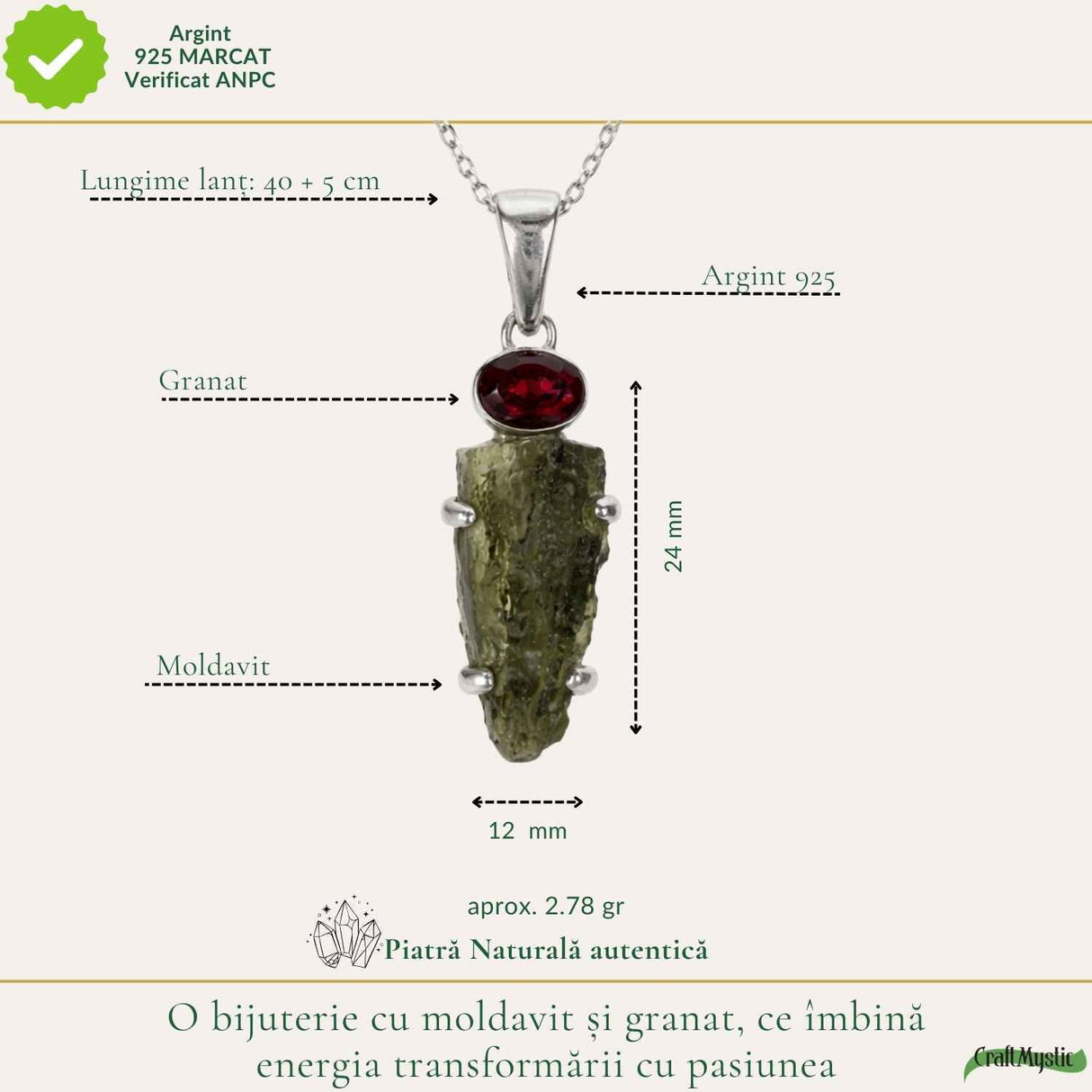 Colier argint 925 Moldavit si Granat Natural – Energie, Curaj si Transformare