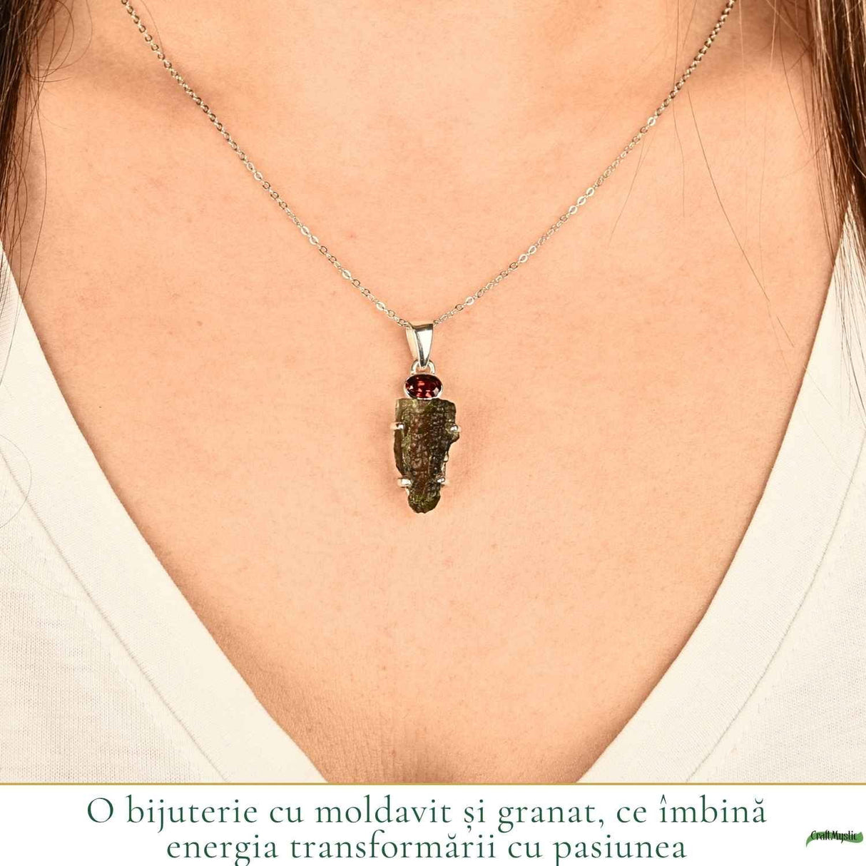 Colier argint 925 Moldavit si Granat Natural – Energie, Curaj si Transformare