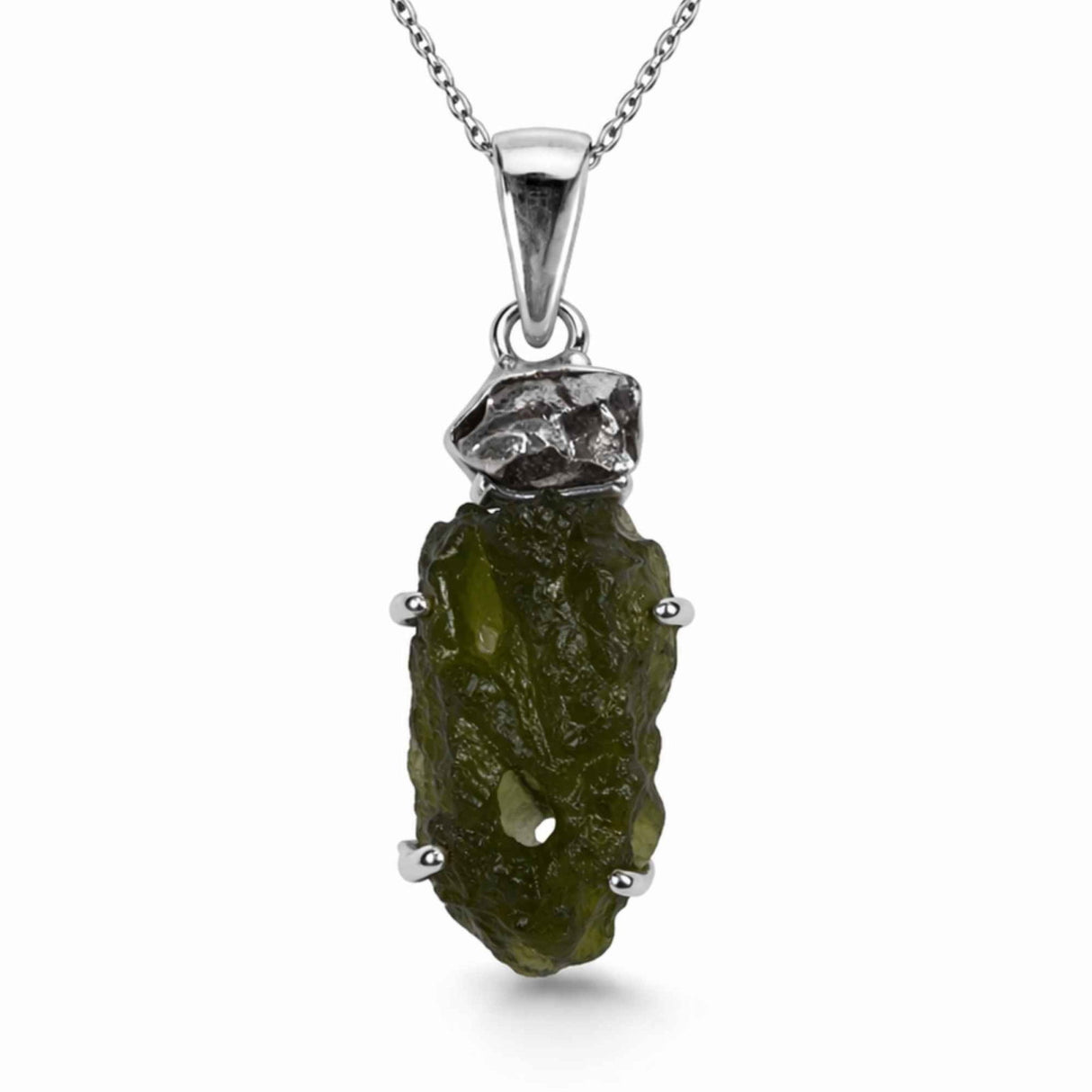 Colier Argint 925 cu Moldavit si Meteorit Brut – Transformare si Energie Cosmice