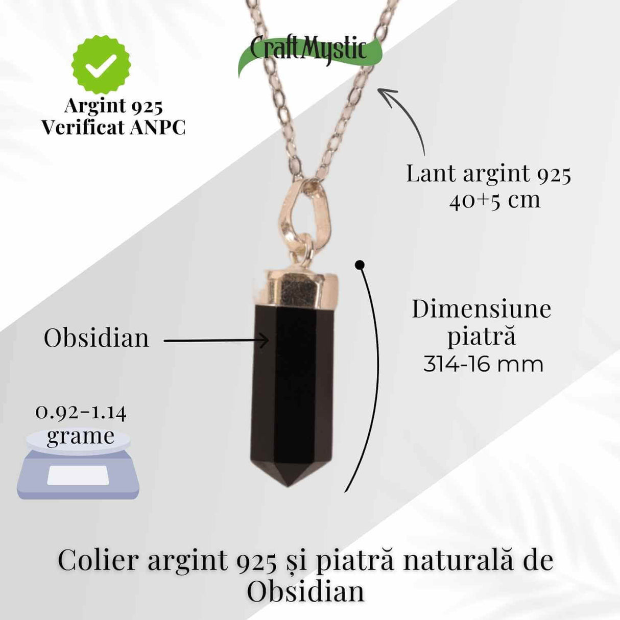 Colier Argint 925 cu Obsidian Natural - Protectie si Claritate Interioara