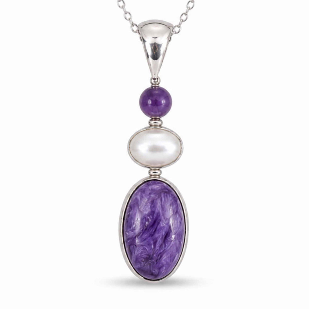 Colier Argint 925 cu Charoit, Perla si Ametist– Calm si Echilibru Emotional