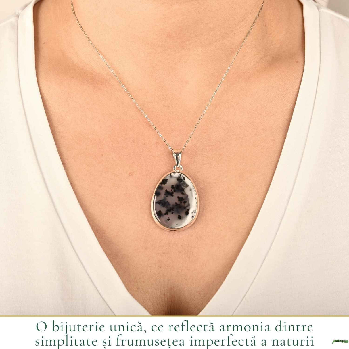 Colier Argint 925 cu Opal Dendritic Lacrima – Echilibru si Claritate Profunda