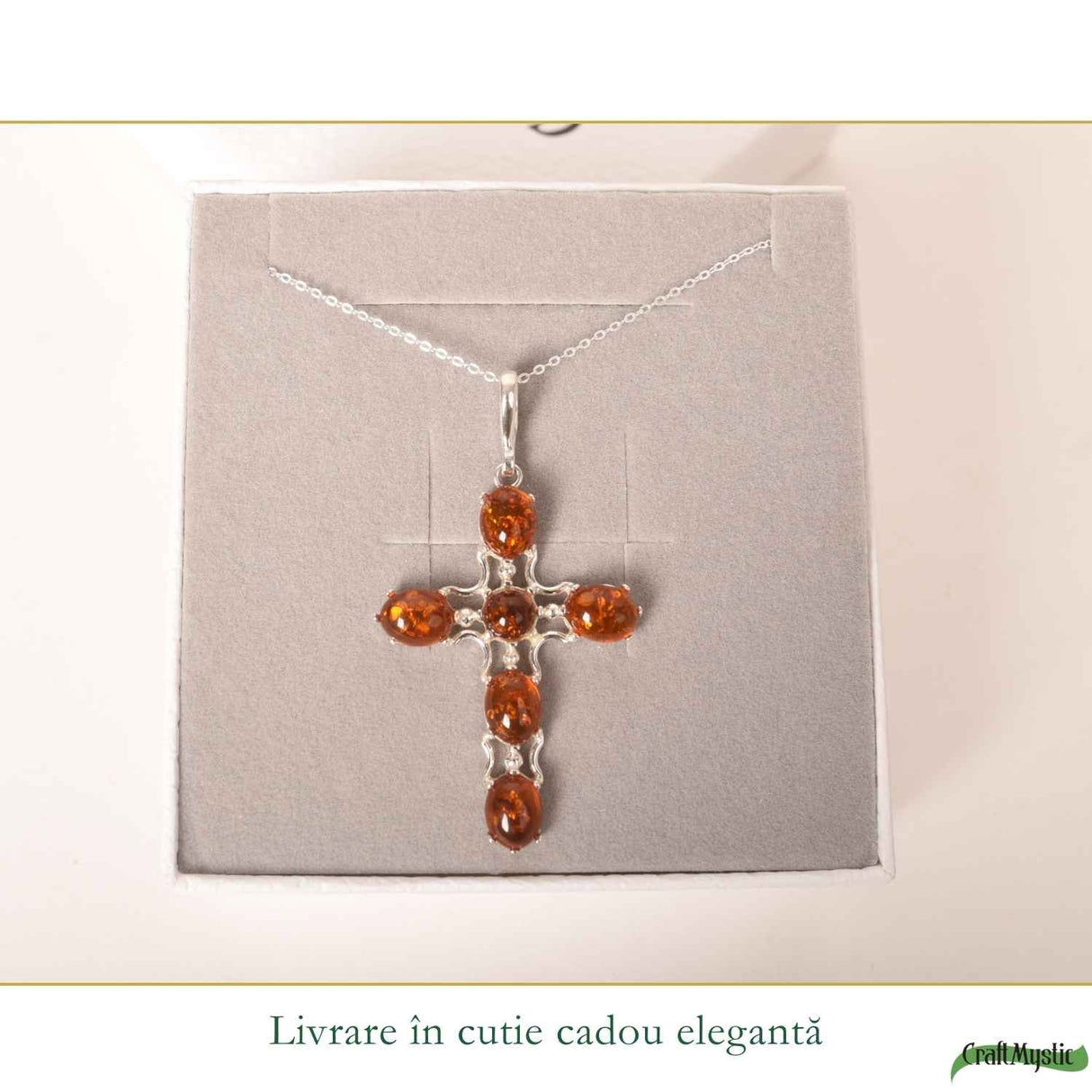 Colier argint 925 cu cruce din margele ovale si chihlimbar natural - Protectie si energie solara