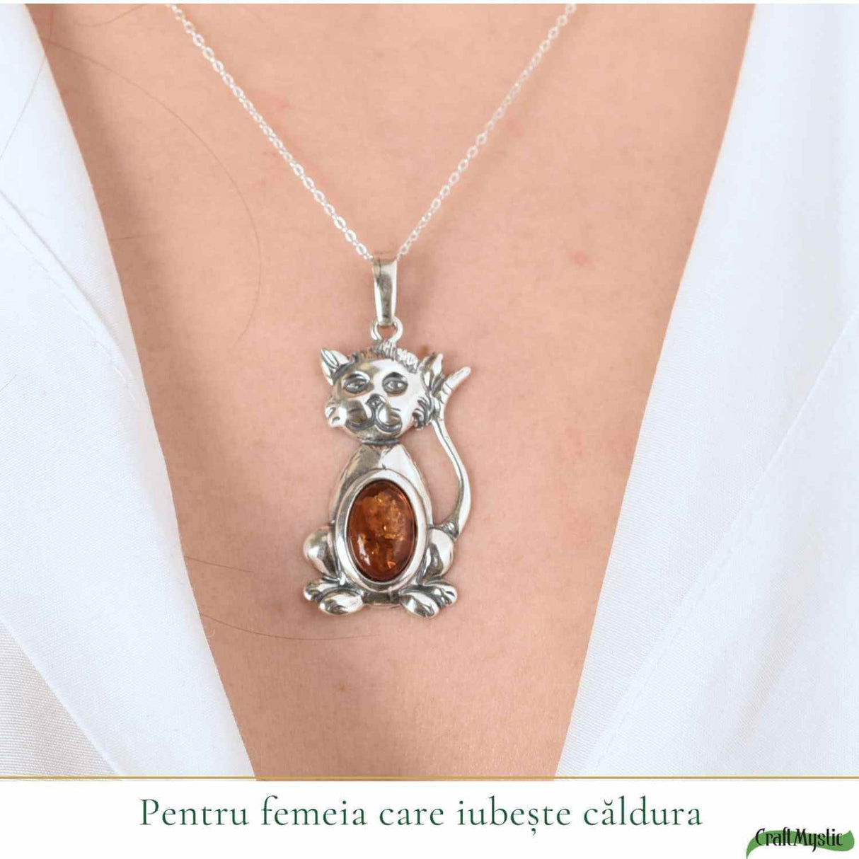 Colier argint 925 cu pisica si chihlimbar natural - Energie solara si protectie