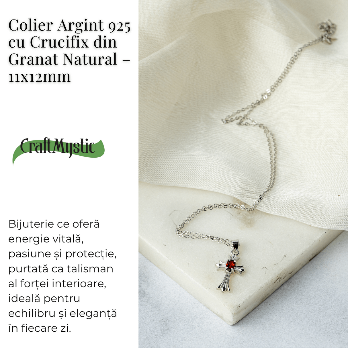 Colier Argint 925 cu Granat Natural in Forma de Cruce - Energie, Pasiune si Protectie Divina