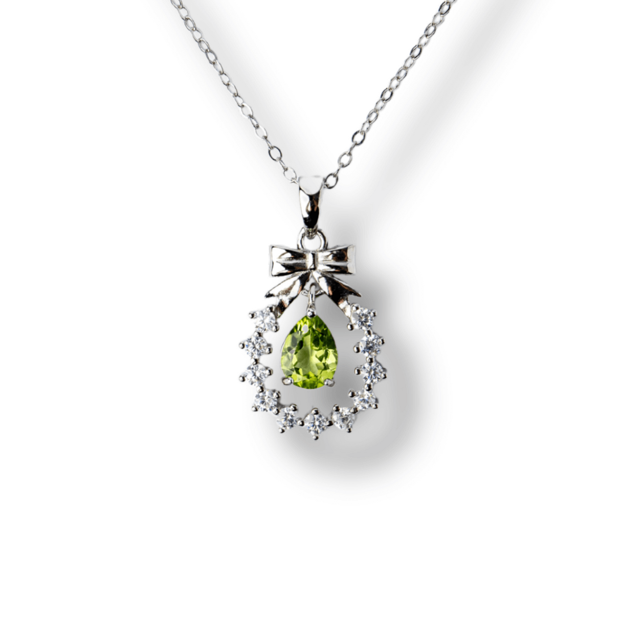 Colier Argint 925 cu Peridot Natural si Zirconiu - Pandantiv Ghirlanda cu Fundita, Simbol al Armoniei si Prosperitatii